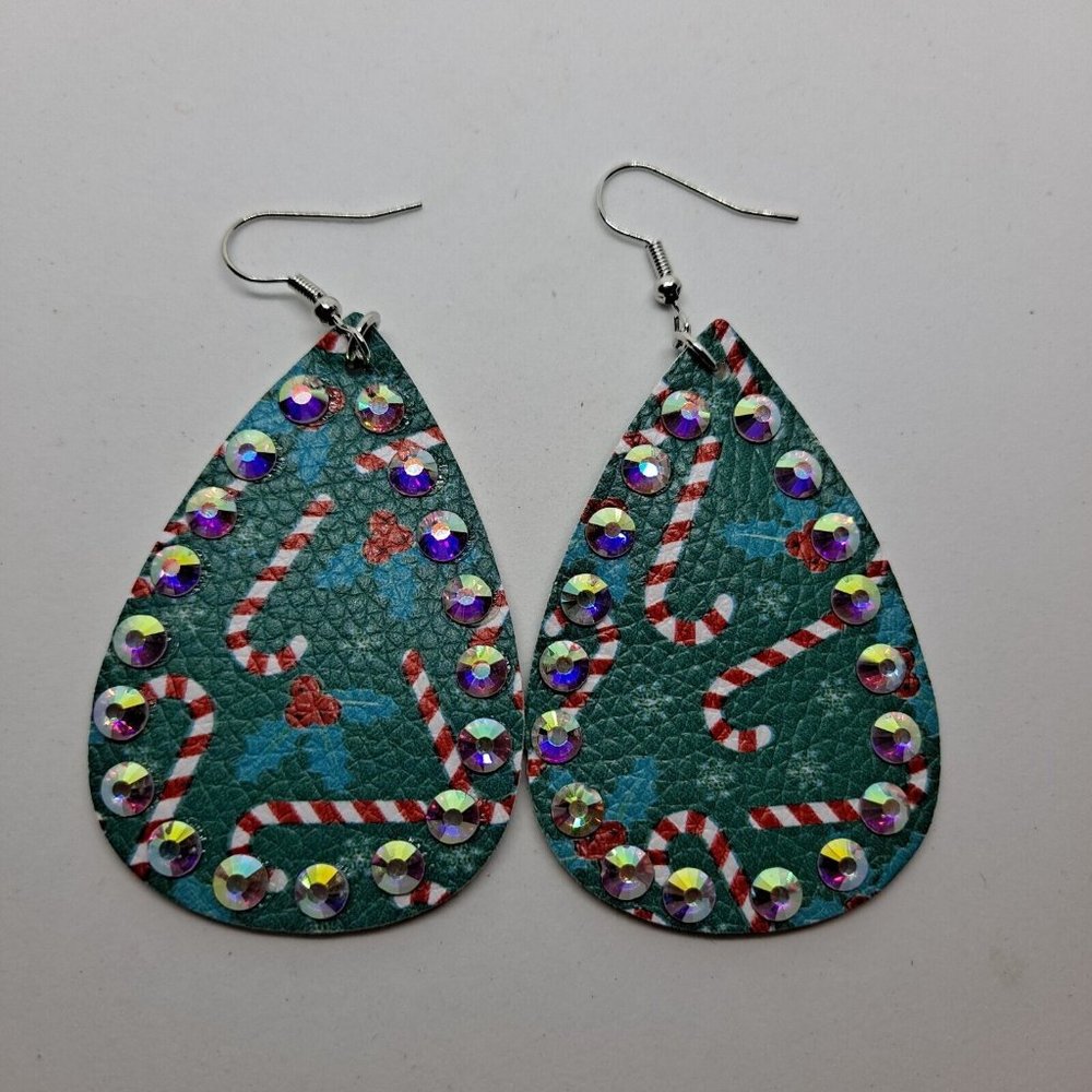 Christmas Earrings Teardrop Holly Candy canes green red Bling Faux Leather